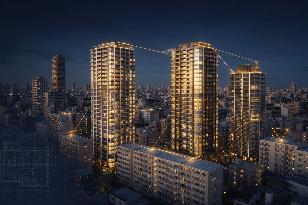 夜景の中で光の線でつながる建物群